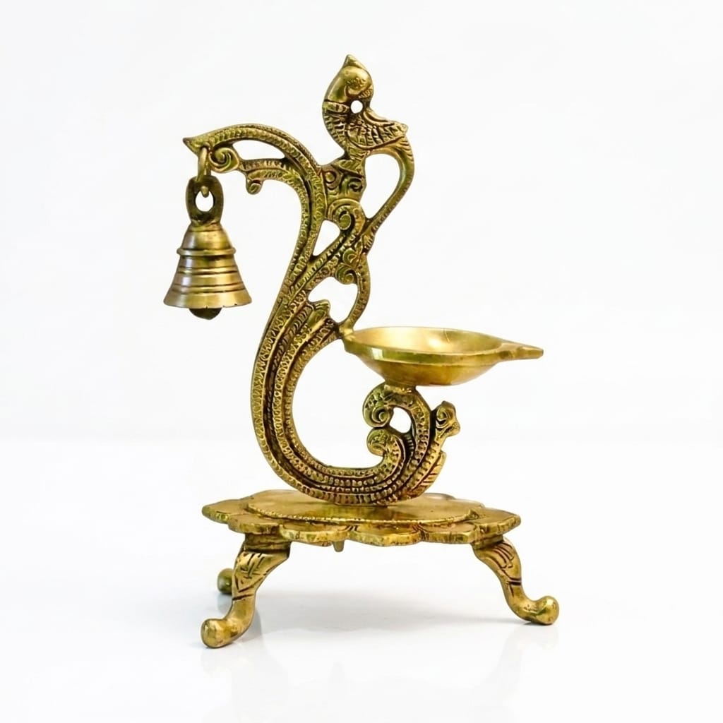Traditional Pure Brass Peacock Diya Oil Lamp with Bell,