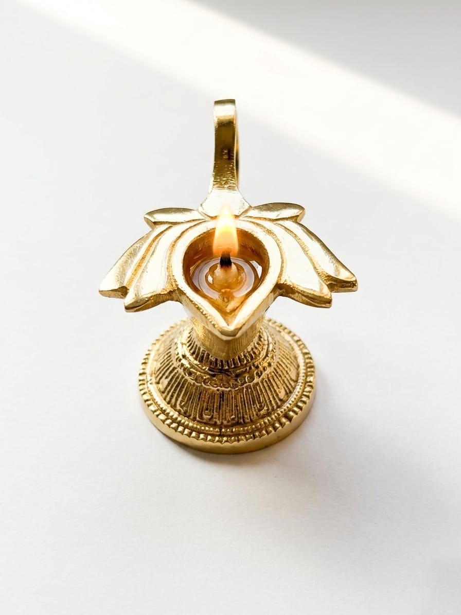 Brass Lotus Shape Oil Lamp On Stand With Handle (Pack Of 2)