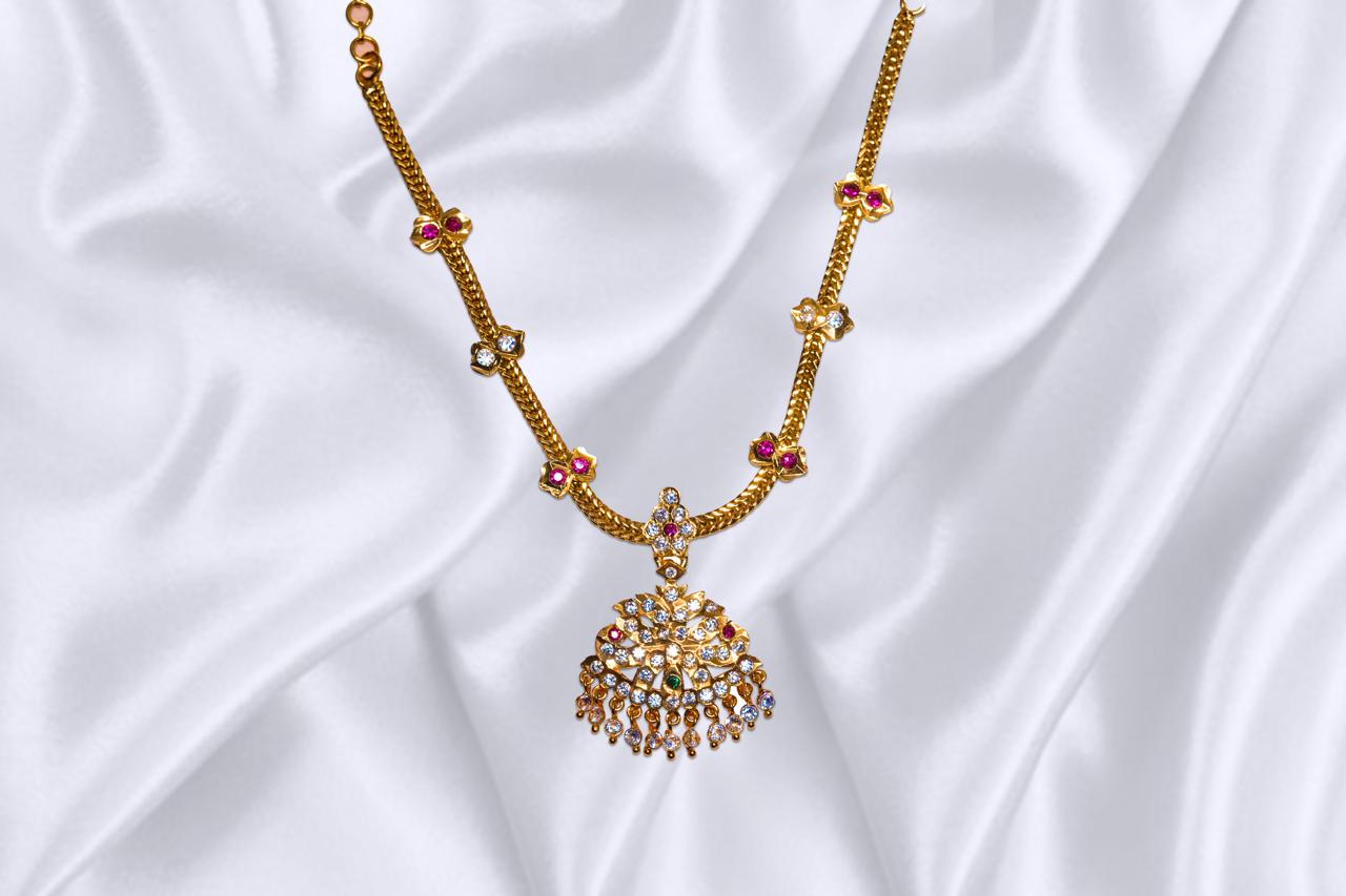 Traditional Gold-Plated Impon Necklace with Ruby and Crystal Pendant, Floral Design for Women and Girls, Perfect for Wedding, Anniversary etc.,