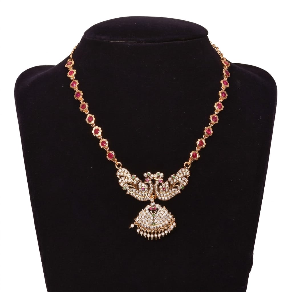 Traditional Gold-Plated Peacock Pendant Necklace With Ruby Style Stone Haram
