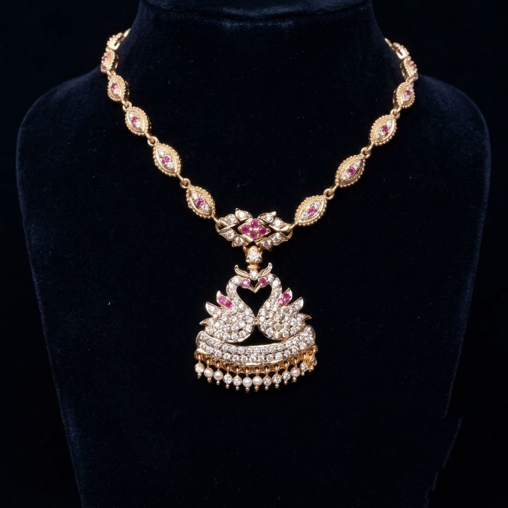 Traditional Gold-Plate Necklace Featuring An American Diamond-With Peacock Pendant